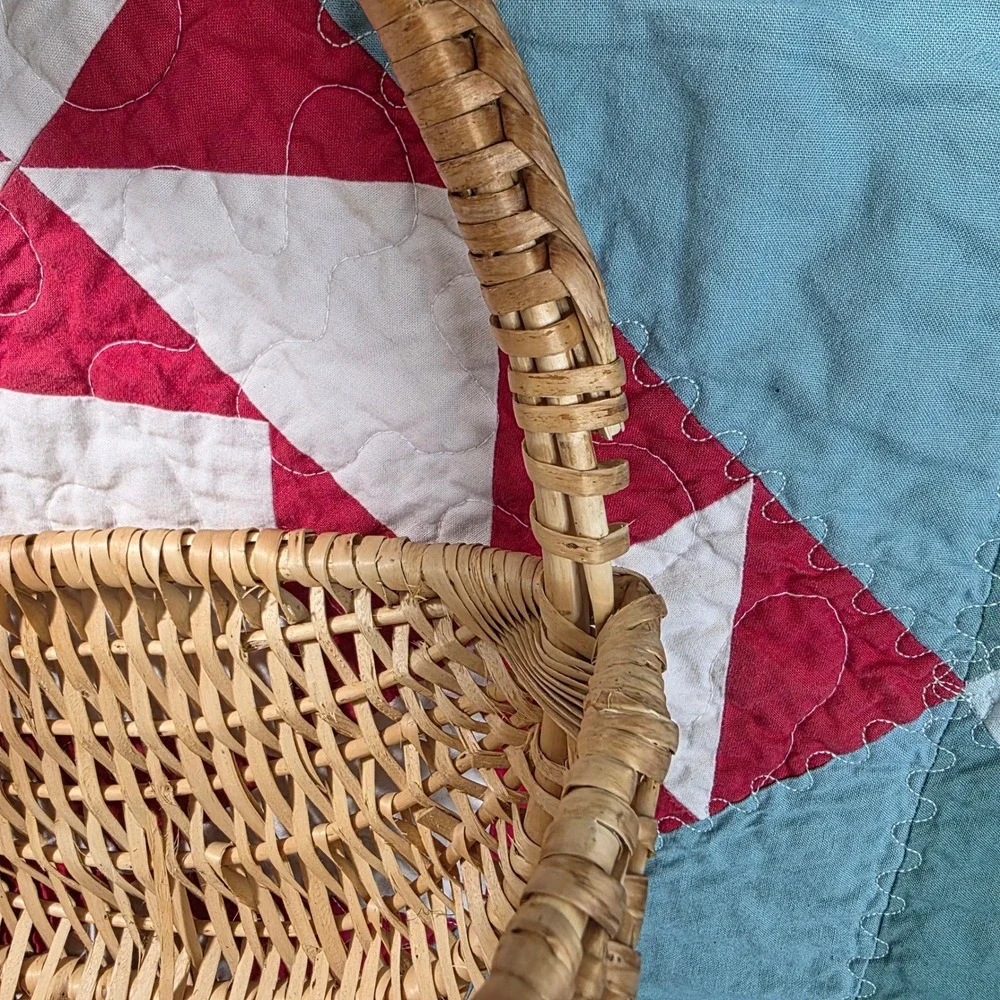 Wicker Gathering Basket Tan Woven Handle Half Basket Farmhouse Cottagecore Decor